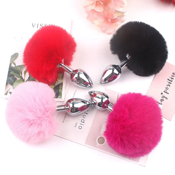 Đuôi thỏ bông tròn ngắn inox cắm hậu môn