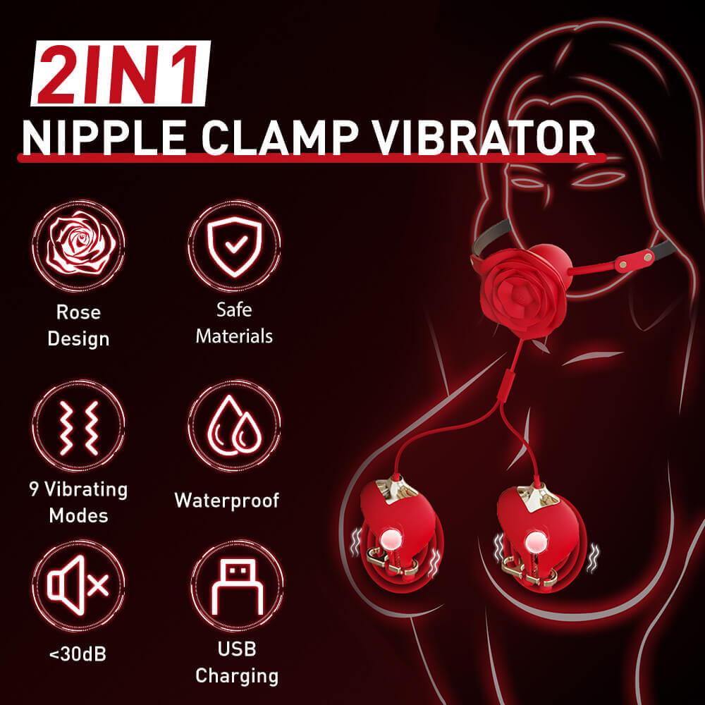 Alternative view of Bộ kẹp núm vú rung và bịt miệng hoa hồng - Đồ chơi BDSM