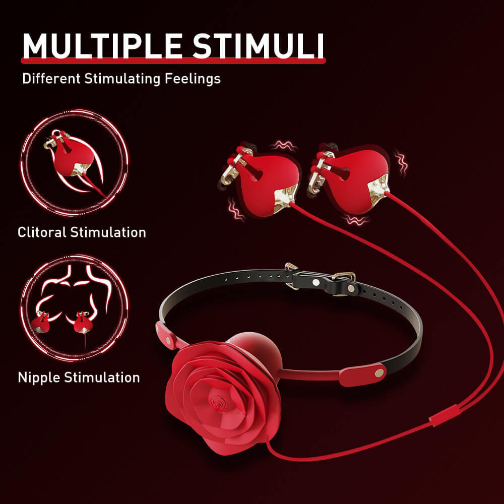Bộ kẹp núm vú rung và bịt miệng hoa hồng - Đồ chơi BDSM - Ảnh 6